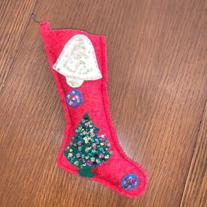 Vtg 1969 hand decorated small red felt Christmas stocking